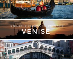 scènes emblématiques de Venise : des gondoles sur un canal, un coucher de soleil romantique sur la ville, et le pont du Rialto illuminé.