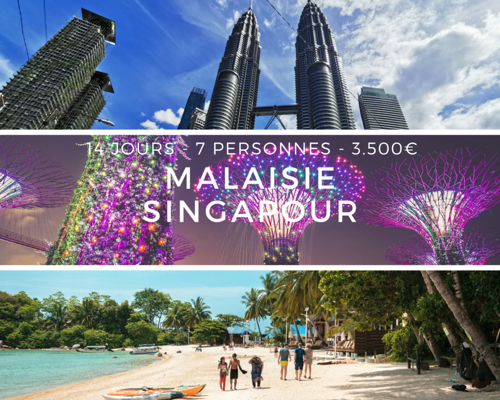 voyage en Malaisie et Singapour : les tours Petronas à Kuala Lumpur, une plage de sable blanc aux îles Perhentians, et les jardins futuristes Gardens by the Bay à Singapour.